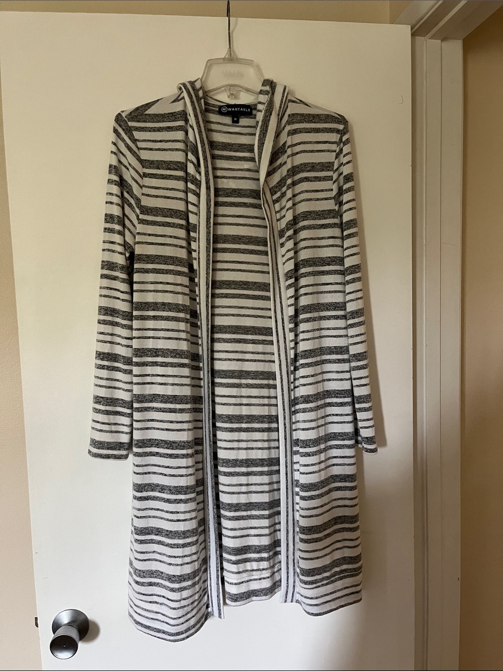 Striped Open-Front Hooded Cardigan in Gray & White